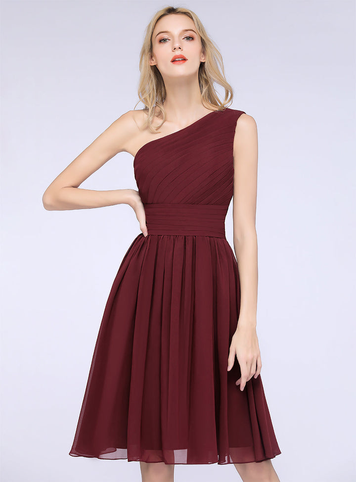 A-line One Shoulder Ruffle Chiffon Knee-Length Dress-koscy