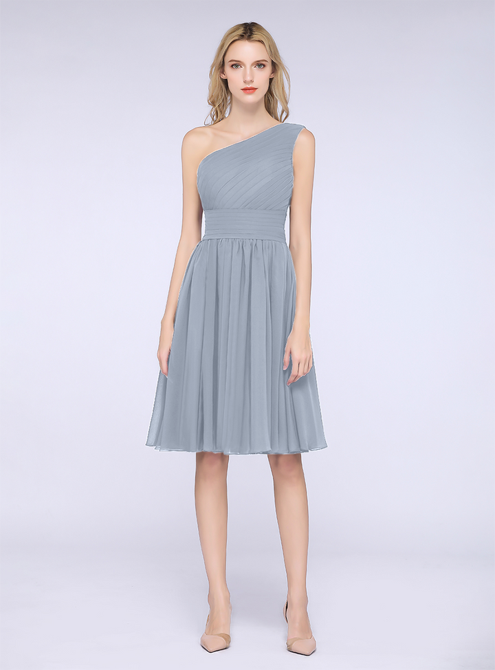 A-line One Shoulder Ruffle Chiffon Knee-Length Dress-koscy