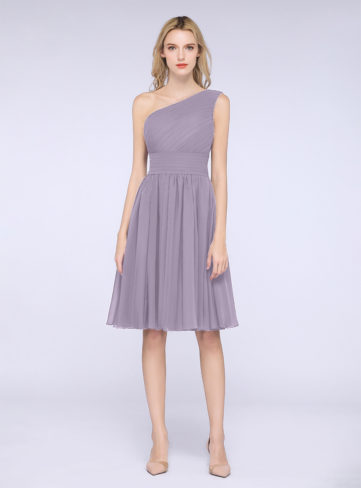 A-line One Shoulder Ruffle Chiffon Knee-Length Dress-koscy