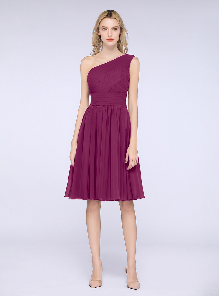 A-line One Shoulder Ruffle Chiffon Knee-Length Dress-koscy