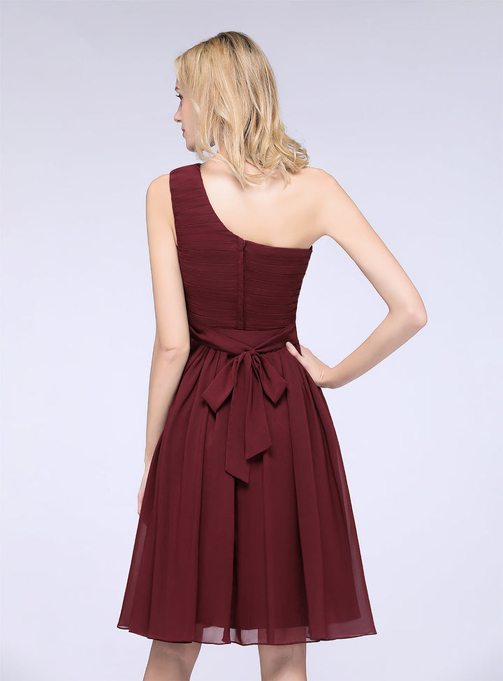 A-line One Shoulder Ruffle Chiffon Knee-Length Dress-koscy