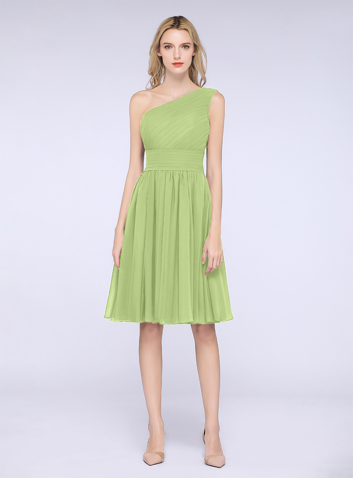 A-line One Shoulder Ruffle Chiffon Knee-Length Dress-koscy