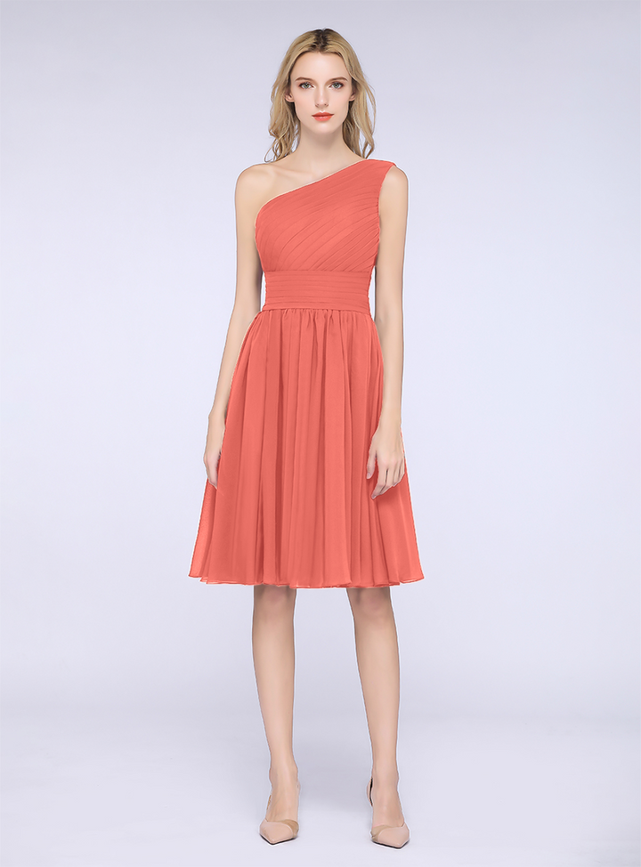 A-line One Shoulder Ruffle Chiffon Knee-Length Dress-koscy