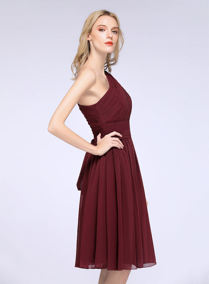 A-line One Shoulder Ruffle Chiffon Knee-Length Dress-koscy