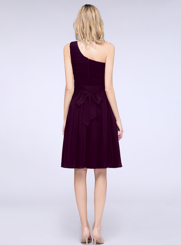 A-line One Shoulder Ruffle Chiffon Knee-Length Dress-koscy