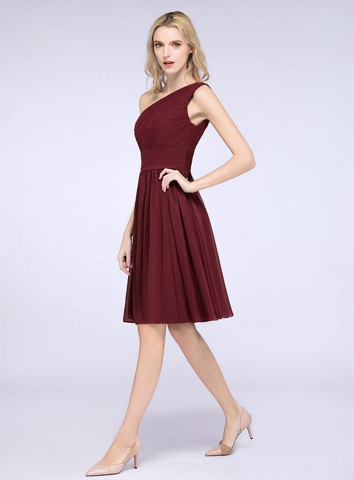 A-line One Shoulder Ruffle Chiffon Knee-Length Dress-koscy