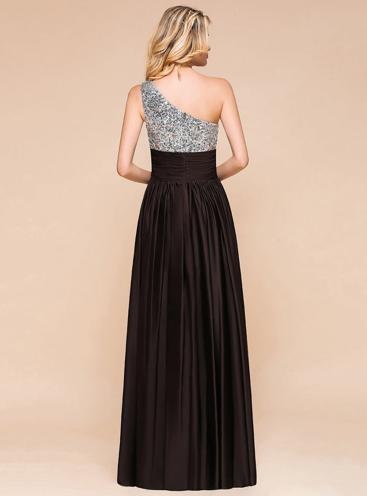 Koscy Affordable One Shoulder Sequins Long Bridesmaid Dresses with Ruffle