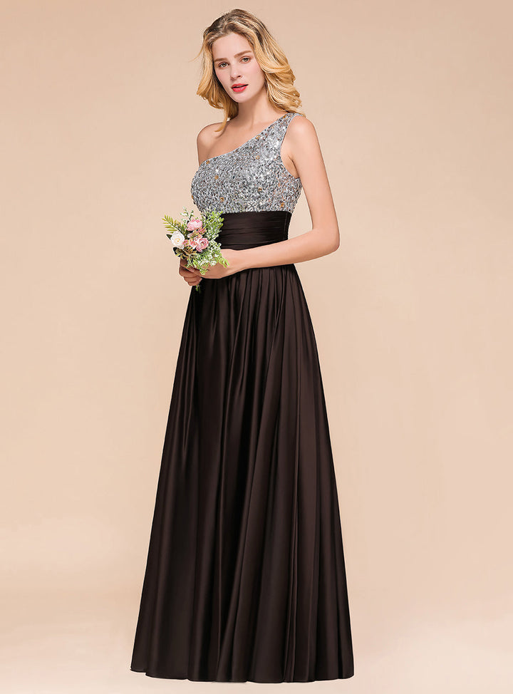 Koscy Affordable One Shoulder Sequins Long Bridesmaid Dresses with Ruffle