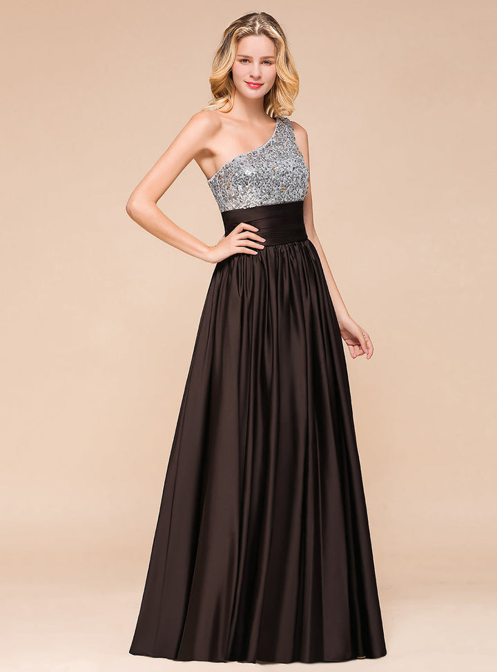 Koscy Affordable One Shoulder Sequins Long Bridesmaid Dresses with Ruffle