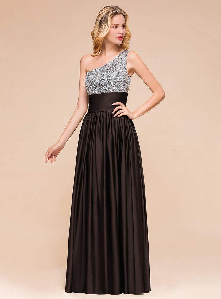 Koscy Affordable One Shoulder Sequins Long Bridesmaid Dresses with Ruffle