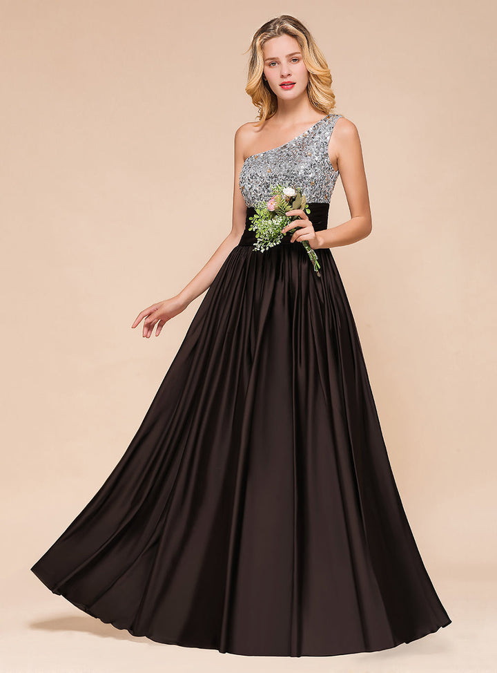 Koscy Affordable One Shoulder Sequins Long Bridesmaid Dresses with Ruffle