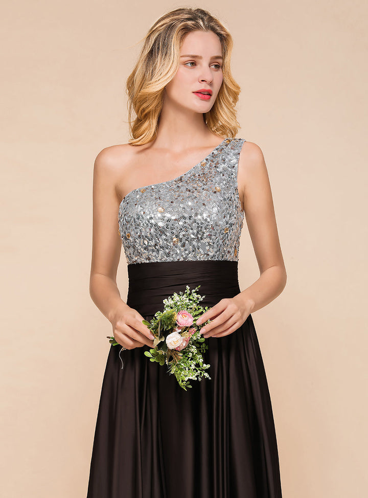 Koscy Affordable One Shoulder Sequins Long Bridesmaid Dresses with Ruffle