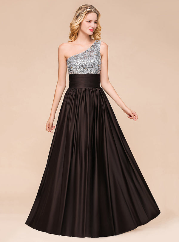 Koscy Affordable One Shoulder Sequins Long Bridesmaid Dresses with Ruffle