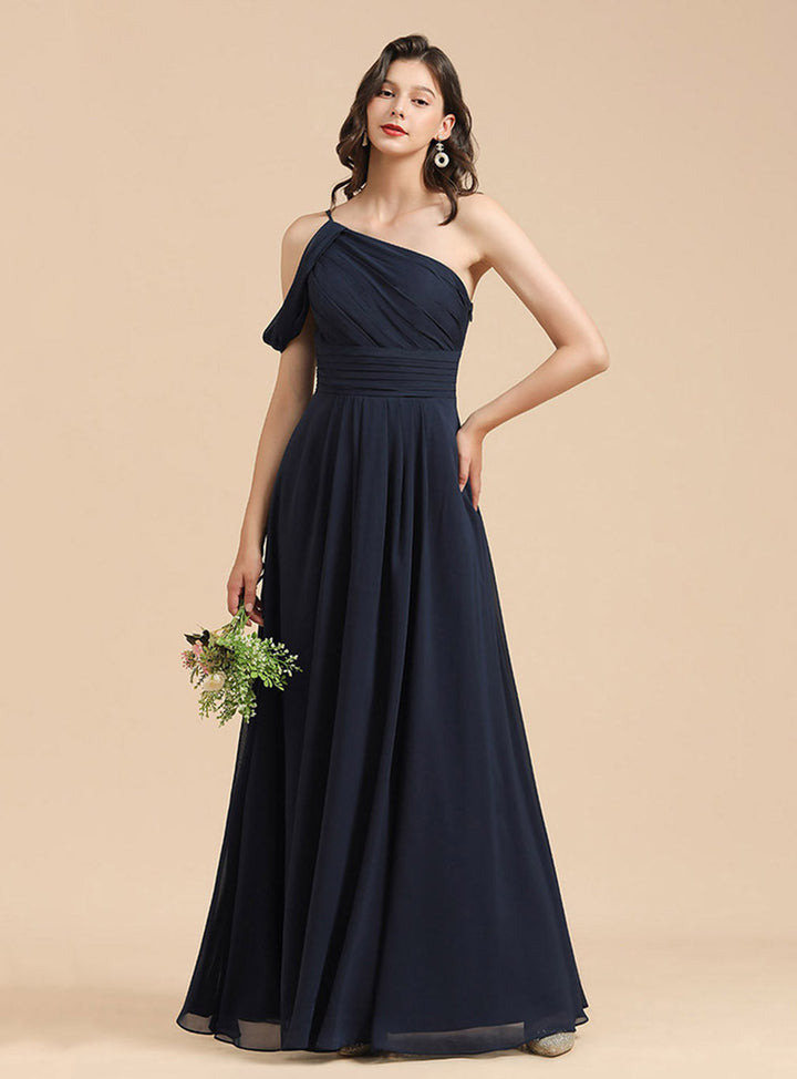 A-Line One Shoulder Sleeveless Floor-Length Dress-koscy