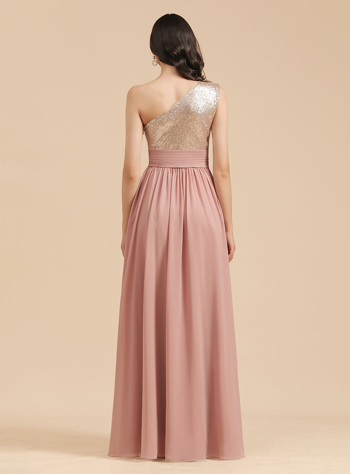 A-Line One-Shoulder Sleeveless Sequins Floor-Length Dress-koscy