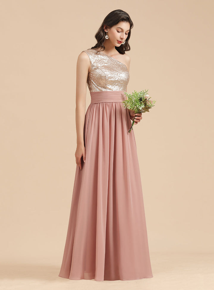 A-Line One-Shoulder Sleeveless Sequins Floor-Length Dress-koscy