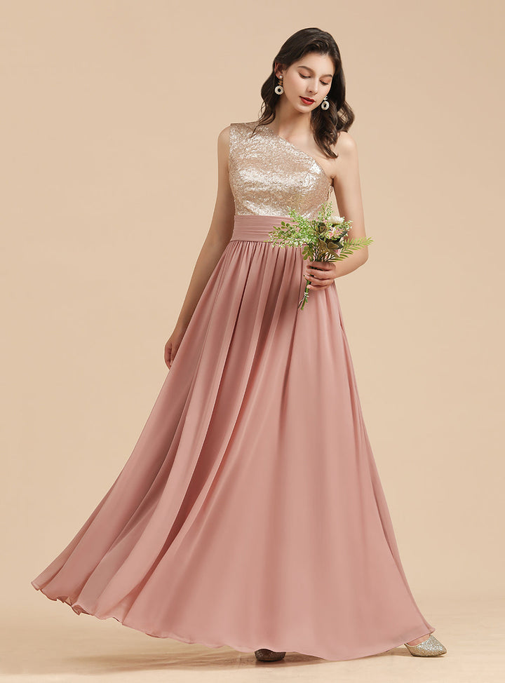 A-Line One-Shoulder Sleeveless Sequins Floor-Length Dress-koscy