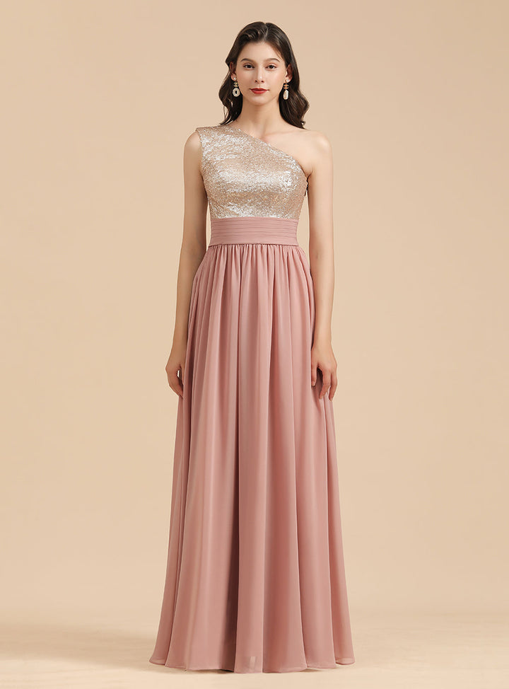 A-Line One-Shoulder Sleeveless Sequins Floor-Length Dress-koscy