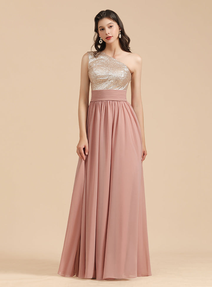 A-Line One-Shoulder Sleeveless Sequins Floor-Length Dress-koscy