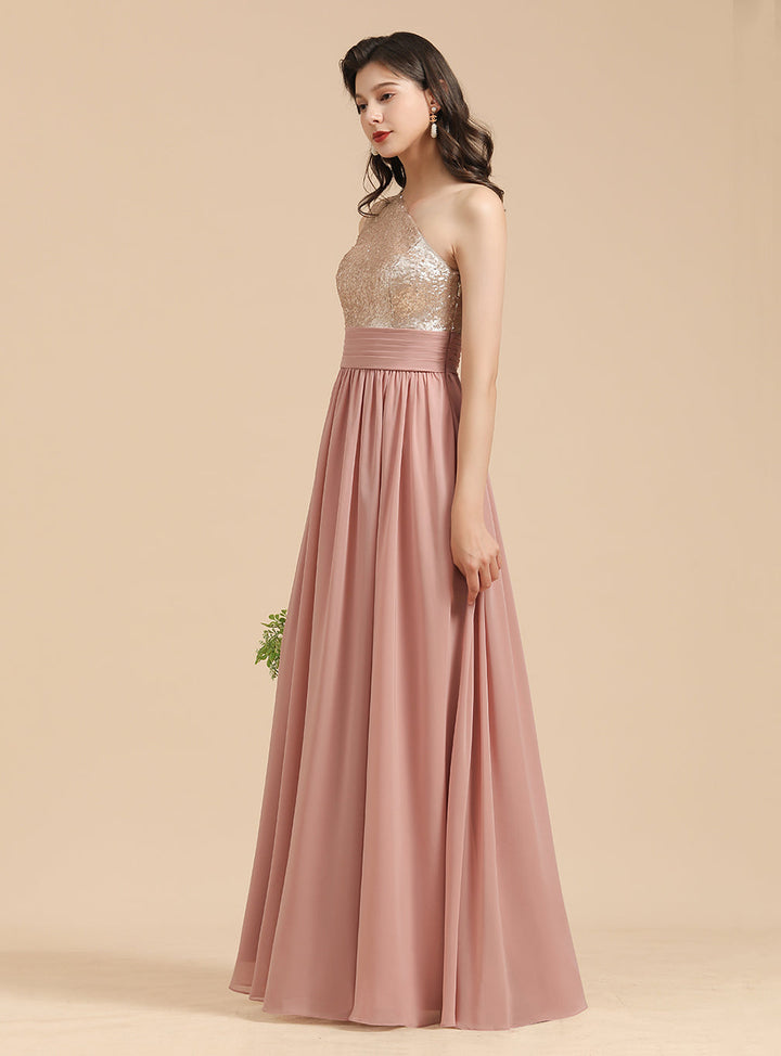 A-Line One-Shoulder Sleeveless Sequins Floor-Length Dress-koscy