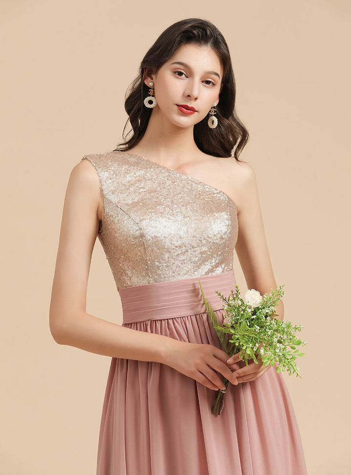 A-Line One-Shoulder Sleeveless Sequins Floor-Length Dress-koscy