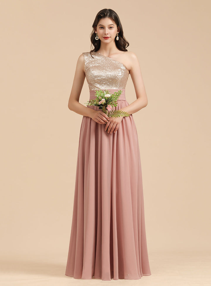 A-Line One-Shoulder Sleeveless Sequins Floor-Length Dress-koscy