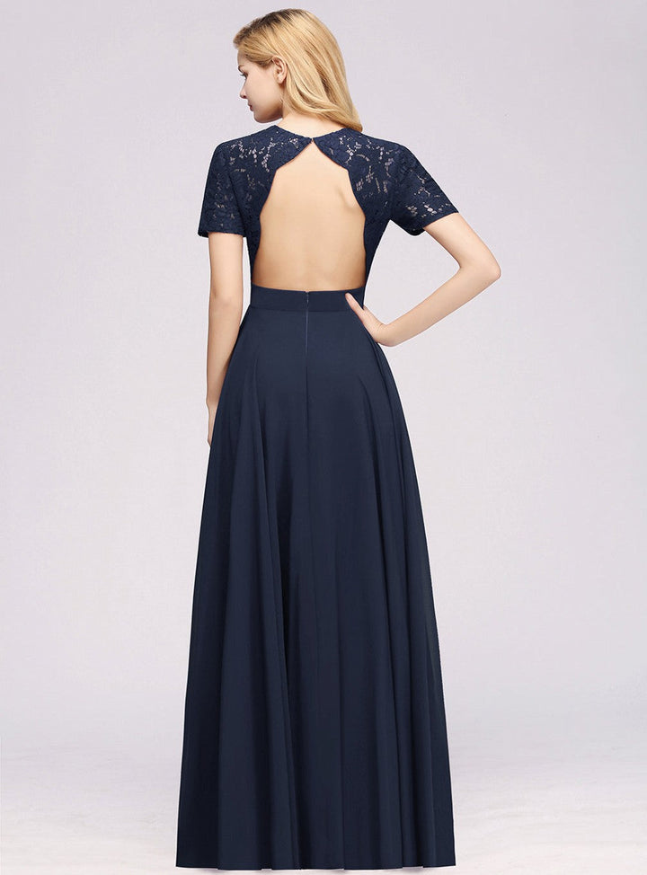 A-line Short Sleeves Chiffon Floor Length Dress-koscy