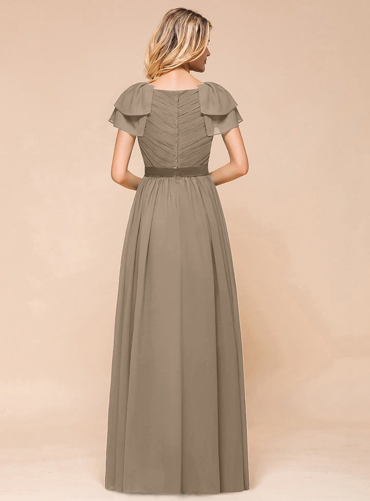 A-line Short Sleeves Ruffle Chiffon Floor-Length Dress Emerald-koscy