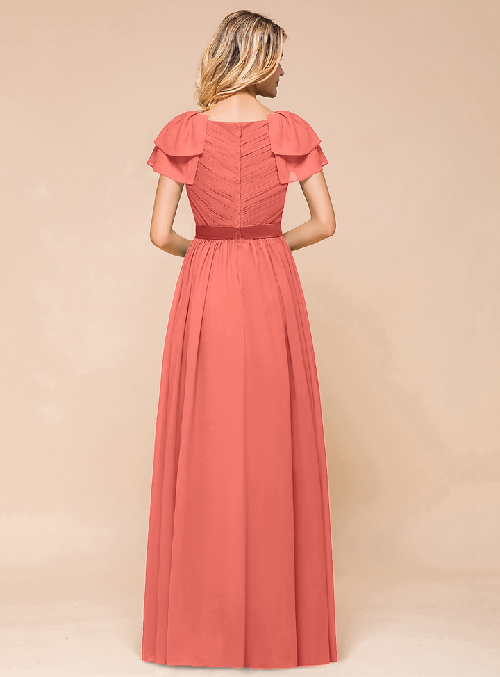 A-line Short Sleeves Ruffle Chiffon Floor-Length Dress Emerald-koscy