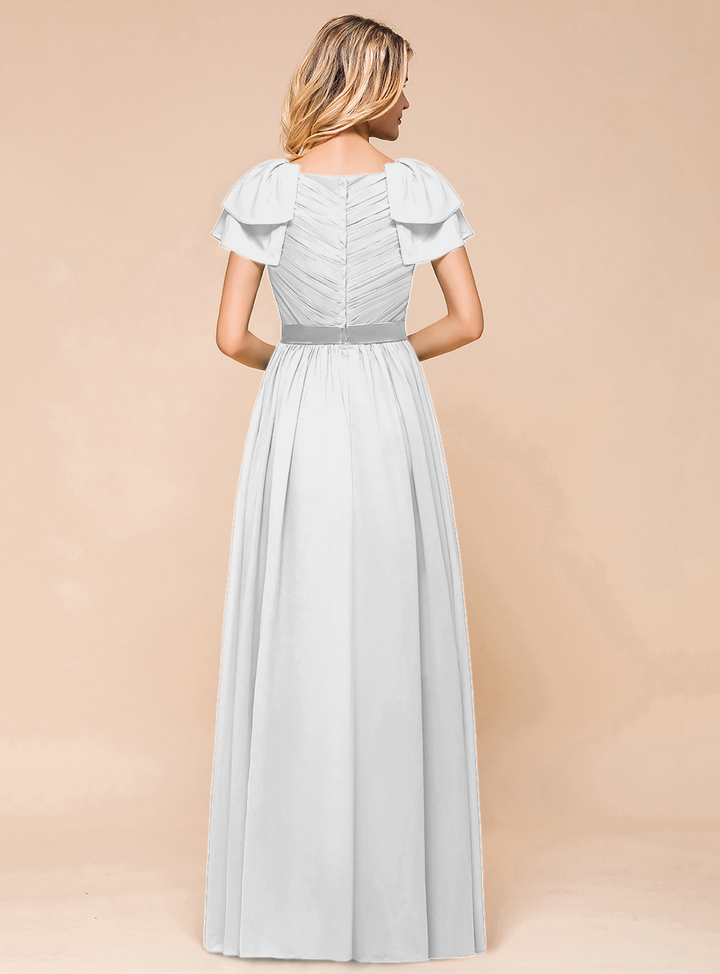 A-line Short Sleeves Ruffle Chiffon Floor-Length Dress Emerald-koscy