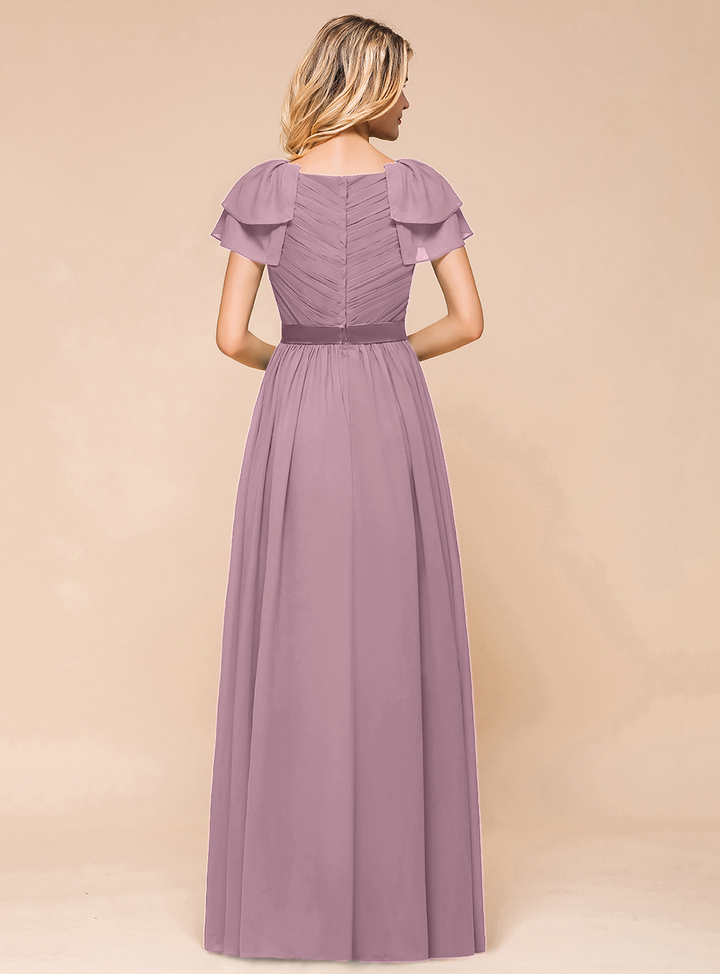 A-line Short Sleeves Ruffle Chiffon Floor-Length Dress Emerald-koscy