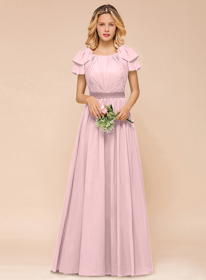 A-line Short Sleeves Ruffle Chiffon Floor-Length Dress Emerald-koscy