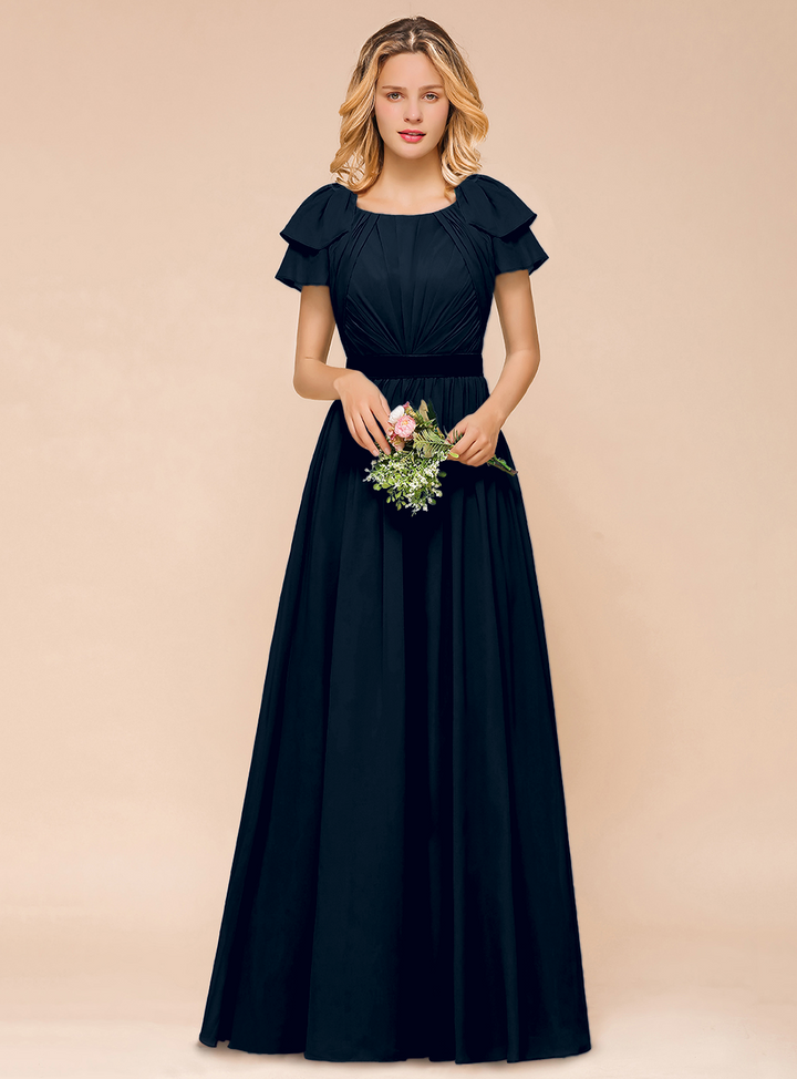 A-line Short Sleeves Ruffle Chiffon Floor-Length Dress Emerald-koscy