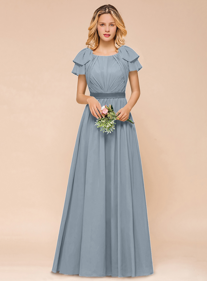 A-line Short Sleeves Ruffle Chiffon Floor-Length Dress Emerald-koscy