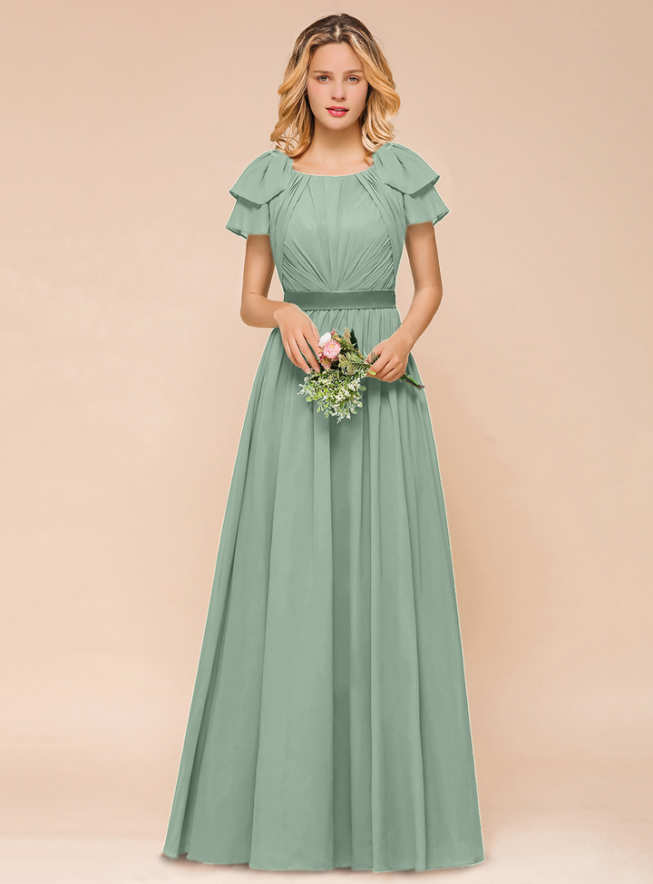 A-line Short Sleeves Ruffle Chiffon Floor-Length Dress Emerald-koscy