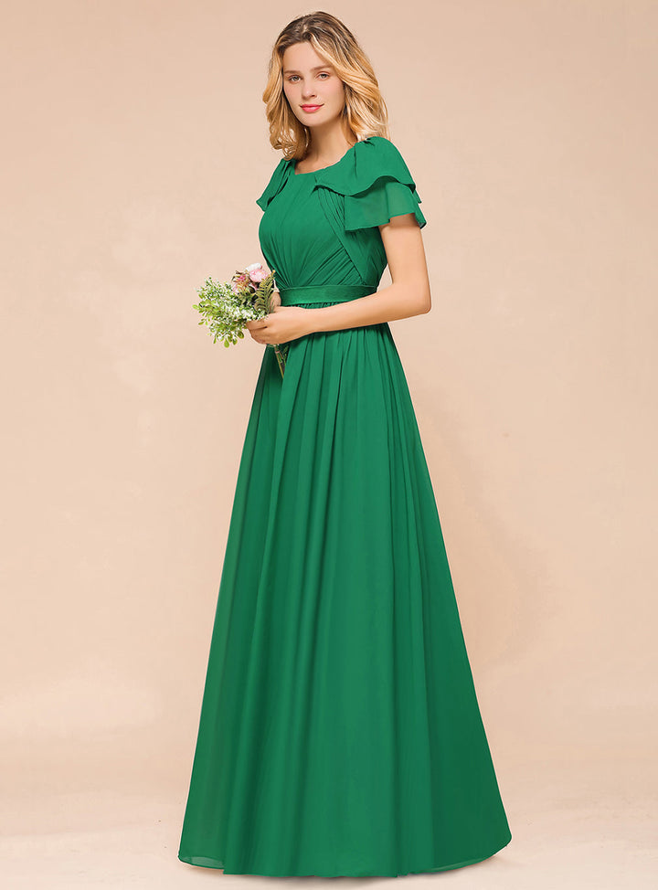 A-line Short Sleeves Ruffle Chiffon Floor-Length Dress Emerald-koscy