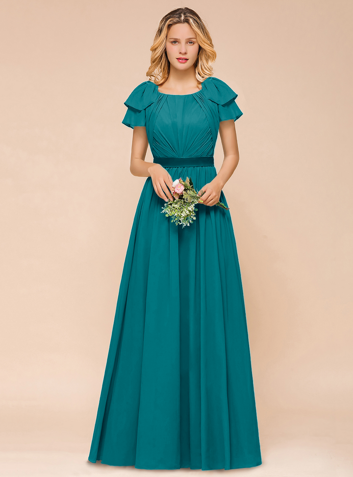 A-line Short Sleeves Ruffle Chiffon Floor-Length Dress Emerald-koscy