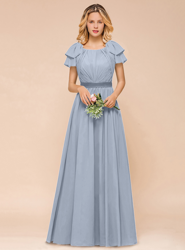 A-line Short Sleeves Ruffle Chiffon Floor-Length Dress Emerald-koscy