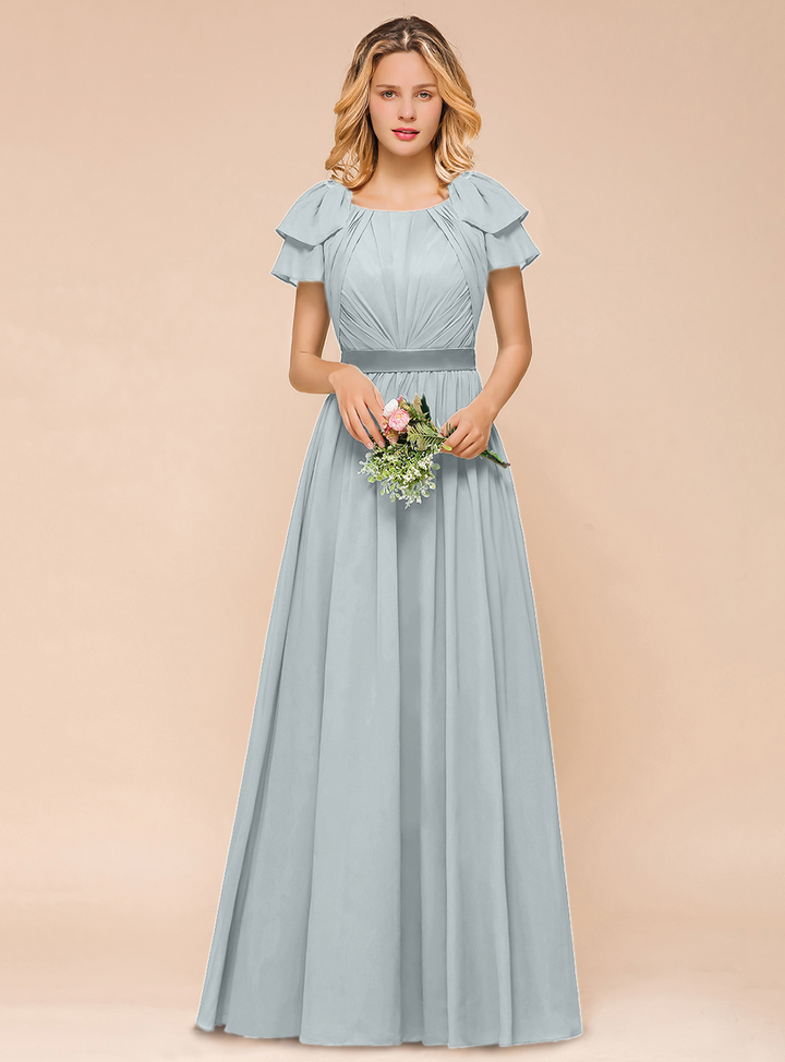 A-line Short Sleeves Ruffle Chiffon Floor-Length Dress Emerald-koscy