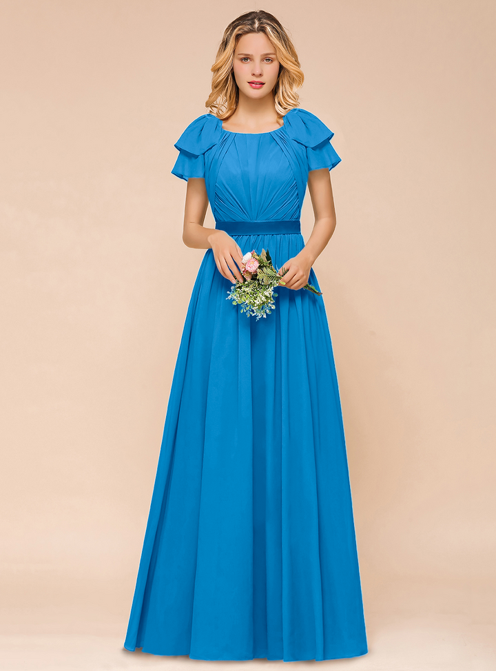 A-line Short Sleeves Ruffle Chiffon Floor-Length Dress Emerald-koscy