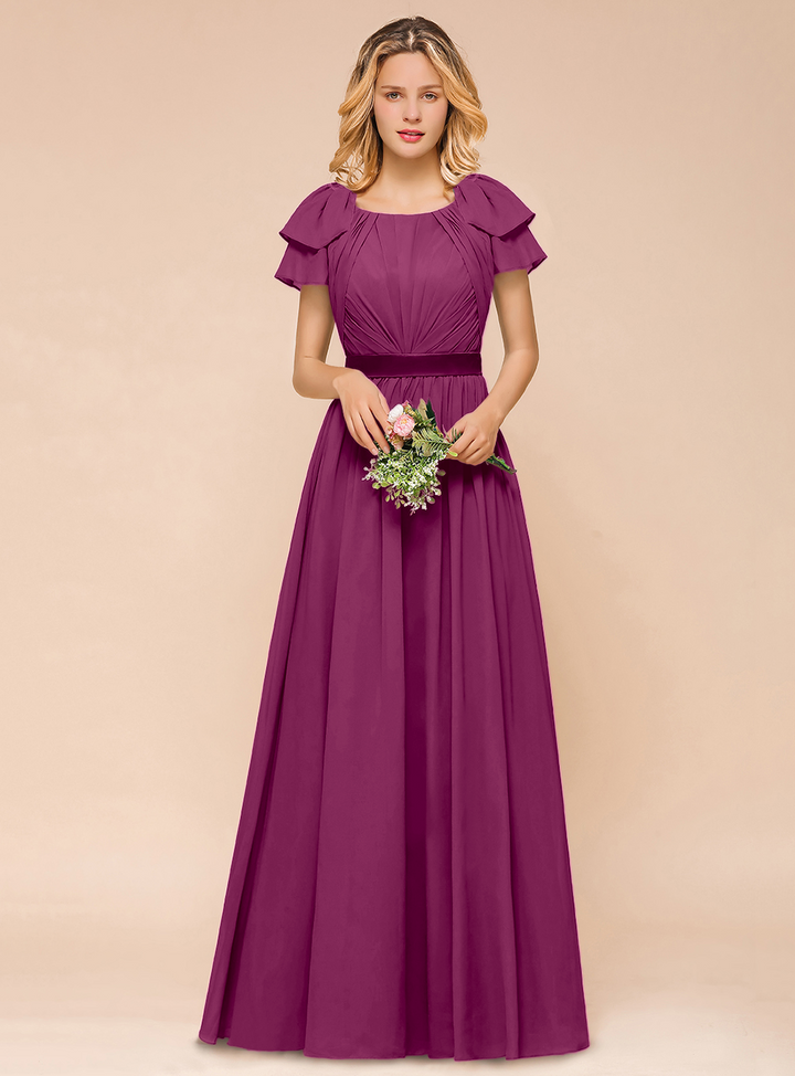 A-line Short Sleeves Ruffle Chiffon Floor-Length Dress Emerald-koscy