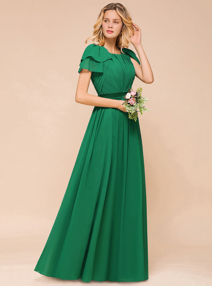 A-line Short Sleeves Ruffle Chiffon Floor-Length Dress Emerald-koscy