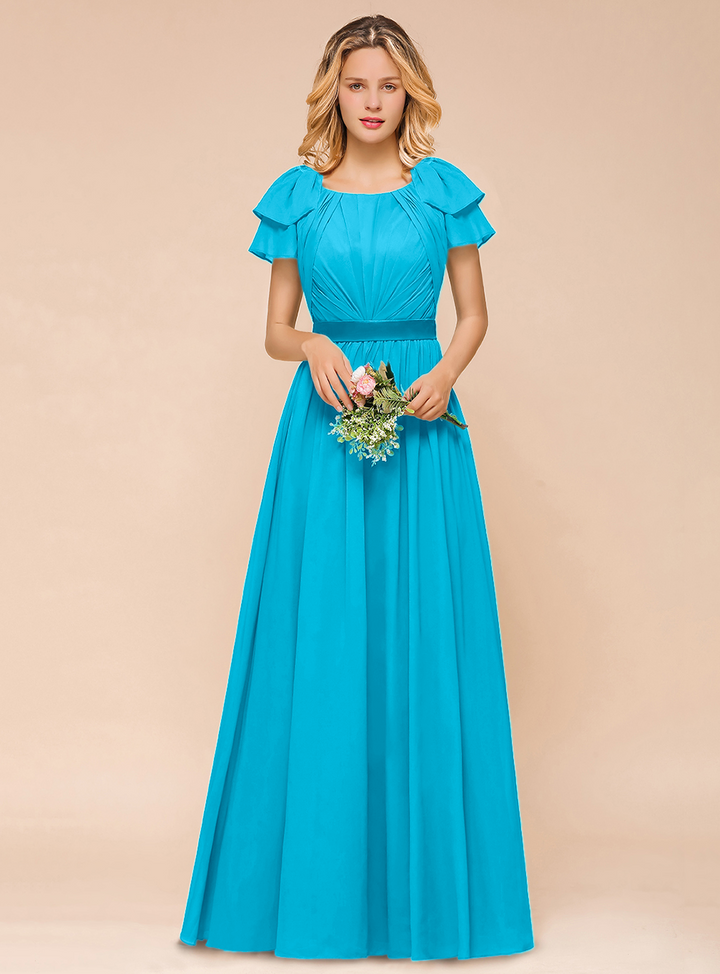 A-line Short Sleeves Ruffle Chiffon Floor-Length Dress Emerald-koscy