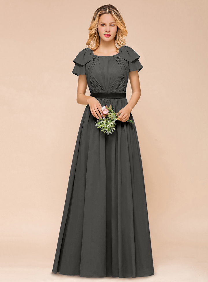 A-line Short Sleeves Ruffle Chiffon Floor-Length Dress Emerald-koscy