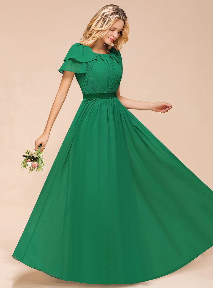 A-line Short Sleeves Ruffle Chiffon Floor-Length Dress Emerald-koscy