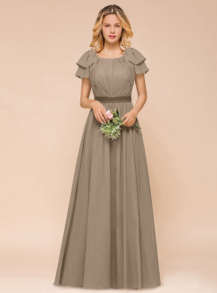 A-line Short Sleeves Ruffle Chiffon Floor-Length Dress Emerald-koscy