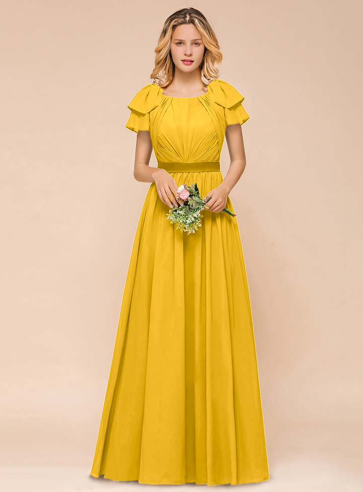 A-line Short Sleeves Ruffle Chiffon Floor-Length Dress Emerald-koscy