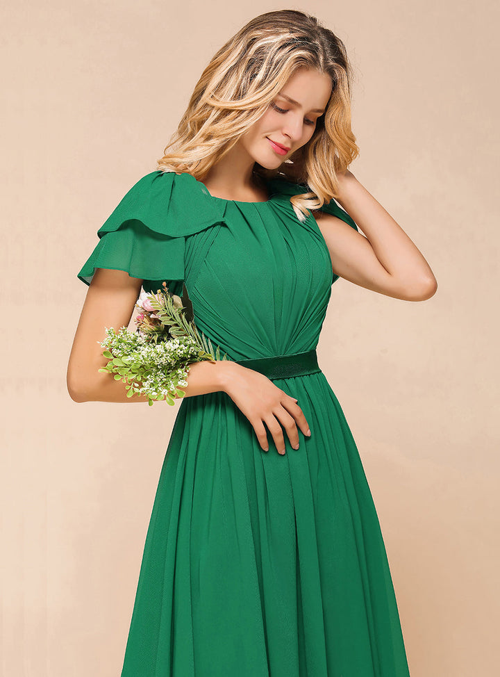 A-line Short Sleeves Ruffle Chiffon Floor-Length Dress Emerald-koscy