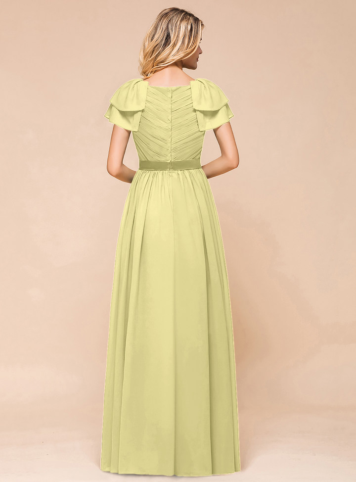 A-line Short Sleeves Ruffle Chiffon Floor-Length Dress Emerald-koscy