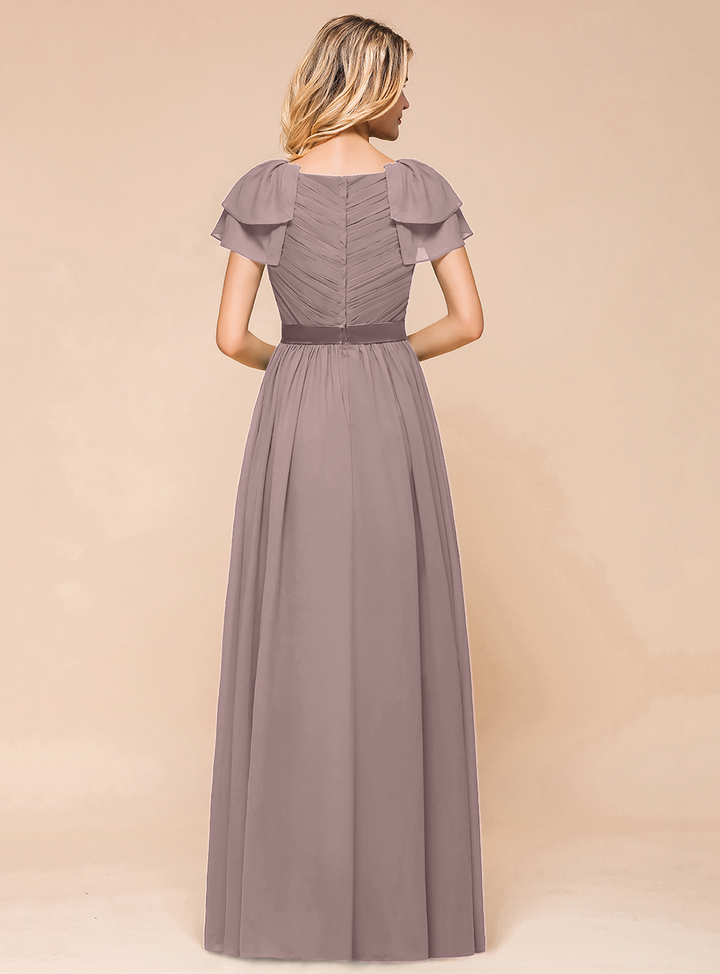 A-line Short Sleeves Ruffle Chiffon Floor-Length Dress Emerald-koscy